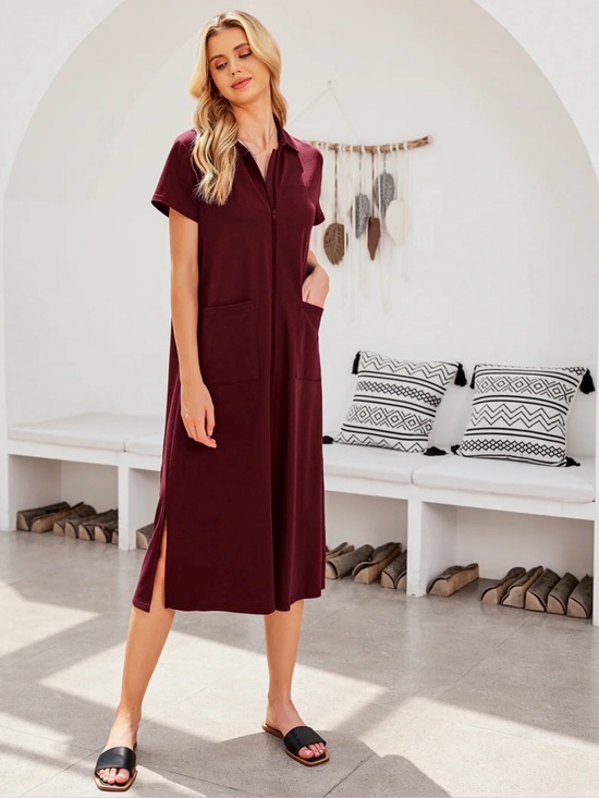 Ekouaer Other - Women's Short-Sleeve Burgundy Robe with Pockets